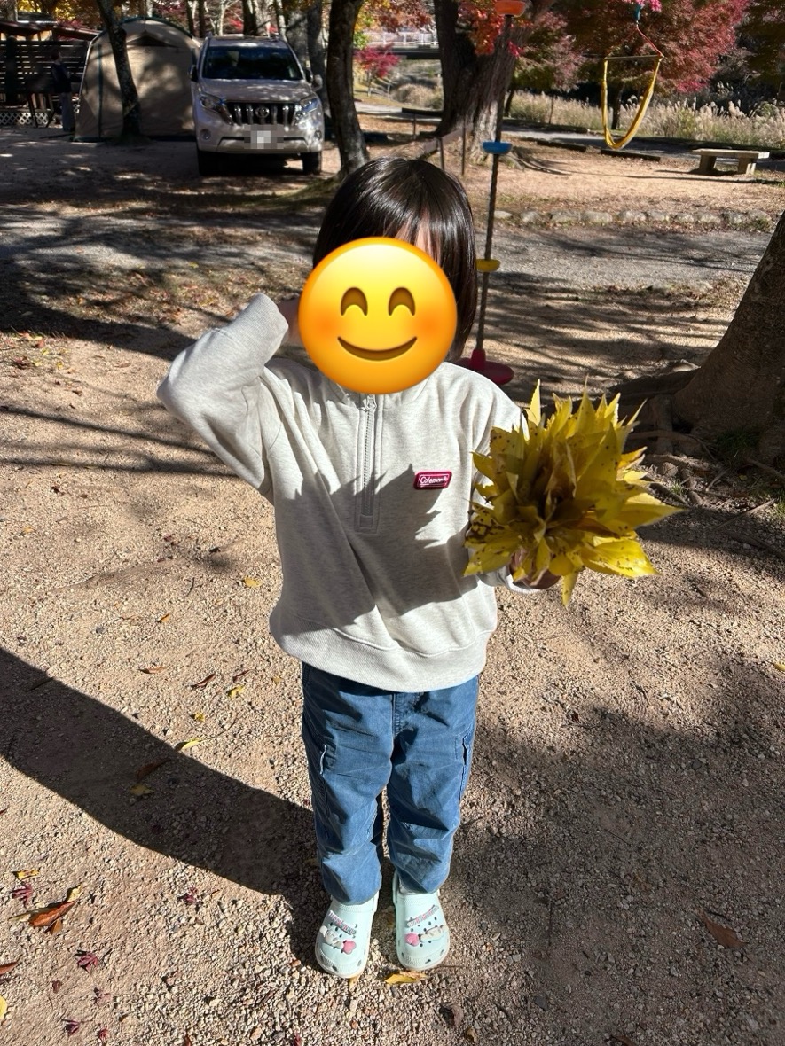 黄色い落ち葉の束を持って笑う子ども