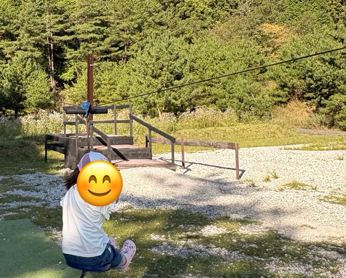 キャンプ場の遊び場で、ジップラインに乗る女の子